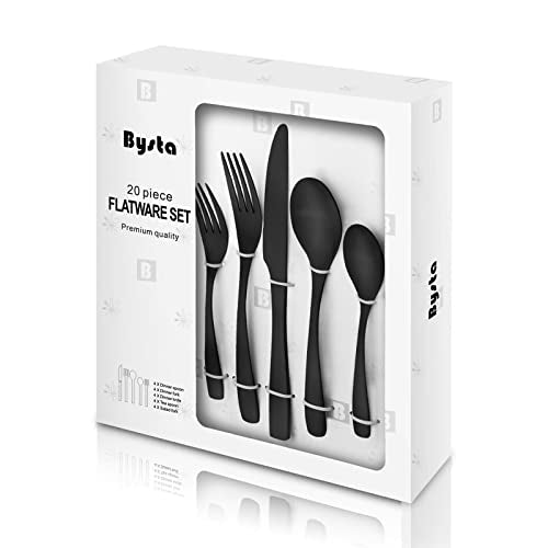 Matte Black Silverware Set, Bysta 20-Piece Stainless Steel Flatware Cutlery Set for 4, Satin Finish, Dishwasher Safe, Nice Box Package Matte Black