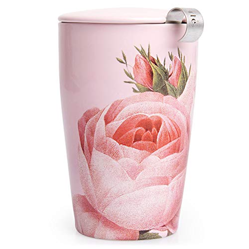 Tea Forte Double-Walled Ceramic Kati Cup, Removable Stainless Steel Infuser Basket and Lid, Steeps 12 oz Loose Leaf Tea, Dishwasher & Microwave Safe, Jardin