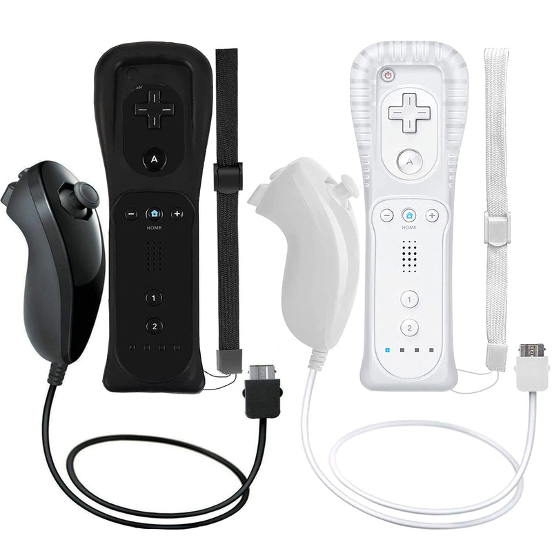 [Australia - AusPower] - 2 Packs Wireless Controller and Nunchuck for Wii and Wii U Console, Gamepad with Silicone Case and Wrist Strap (Black and White) Black and White 