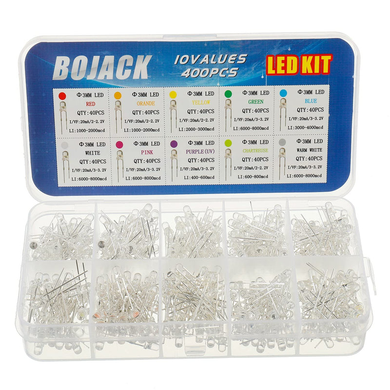 [Australia - AusPower] - BOJACK 10 Colors 400 pcs 3mm LED Diode Lights Assored Kit Pack (Red/Ora/YEL/Gre/Blu Transparent DC 2V - 3.2V 20mA) Bright Lighting Bulb Lamps Electronics Components 3 mm Light Emitting Diodes Parts 