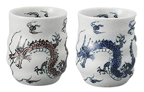 Japanese Sushi Yunomi Tea cups 9.47 Onces Authentic Dragon Red and Blue for Hot Green Tea Matcha Tea Bancha Set of 2 from Japan