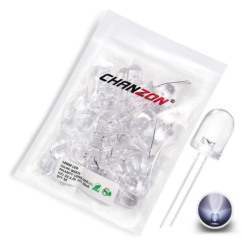 CHANZON 50 pcs 10mm White LED Diode Lights (Clear Round Transparent DC 3V 20mA) Bright Lighting Bulb Lamps Electronics Components Indicator Light Emitting Diodes A) White (50pcs)