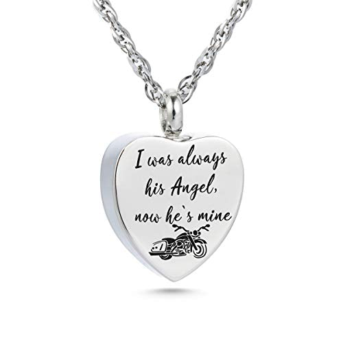 Gredstar Motorcycle Urn Necklace for Ashes, Heart Memorial Pendant I was always his Angel, now he's mine