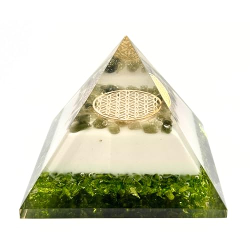 Moldavite Orgone Pyramid – Energy Generator for Healing, Meditation – Spiritual Crystal Decor with Copper, Quartz, Chakra Stones – Reiki Tool & Gift