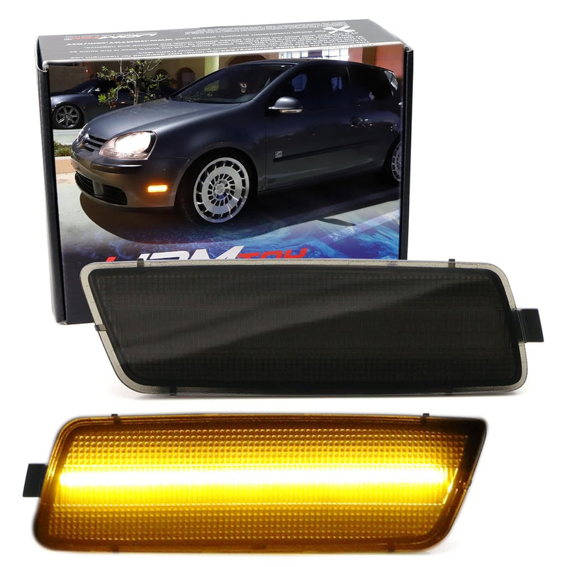 iJDMTOY Smoked Lens Amber Full LED Bumper Side Marker Light Kit Compatible With Volkswagen 2006-2009 MK5 Golf/GTI Rabbit, 2005-2010 Jetta, 2008 R32, 40-SMD LED, Replace OEM Front Sidemarker Lamps Smoked Lens Amber LED