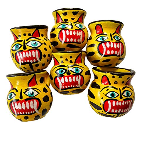 Jacq & Jürgen Set of 6 Mexican Shot Glasses, Handmade Clay Jarritos with Jaguar Design for Tequila and Mezcal