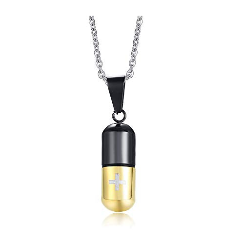 Rockyu Cross Capsule Necklace for Men Gold Black Engraved Cross Stainless Steel Memorial Keepsake Pendant 20 Inch Chain