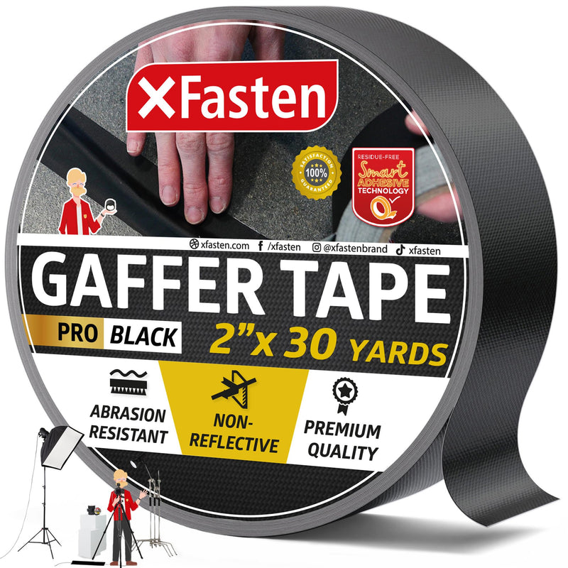 XFasten Pro Black Gaffers Tape 2 Inch X 30 Yards, Multipurpose No Residue Black Tape, Non-Reflective, Tear By Hand Black Cloth Tape, Use As Floor Tape For Electrical Cords, Photography Black Gaff Tape