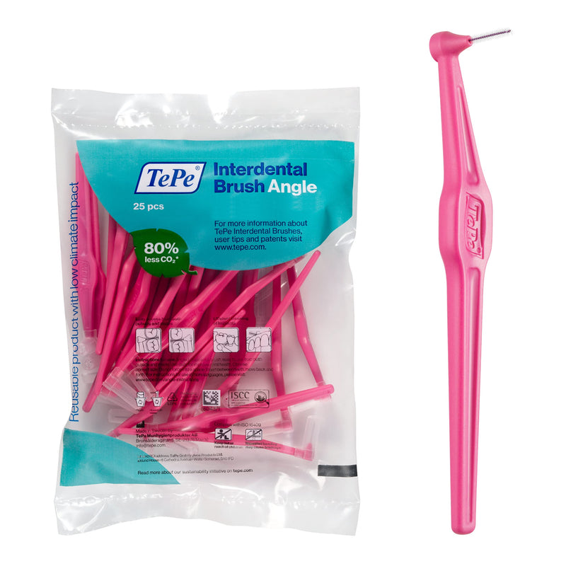 [Australia - AusPower] - TEPE Interdental Brush Angle, Angled Dental Brush for Teeth Cleaning, Pack of 25, 0.40 mm, Extra-Small/Small Gaps, Pink, Size 0 