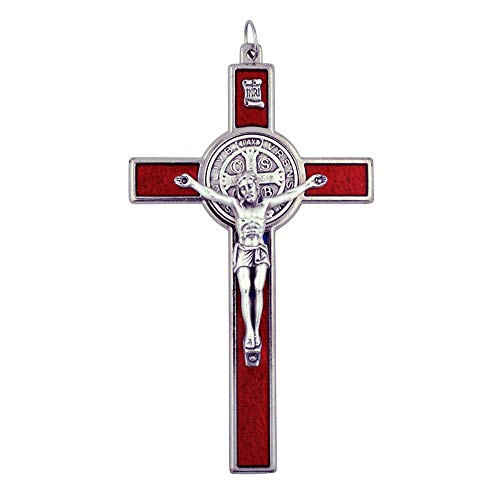 Venerare Large 4.75 Inch Saint Benedict Pectoral Cross with Colored Enamel (Red Traditional) Handmade in Italy