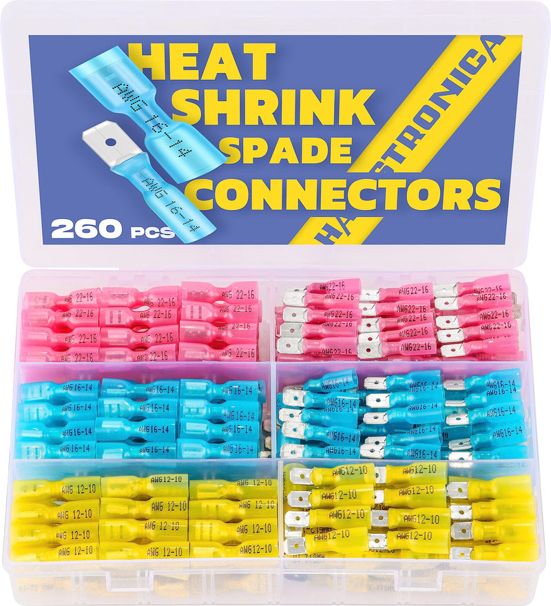 [Australia - AusPower] - haisstronica 260PCS Heat Shrink Spade Connectors-Electrical Wire Connectors-Quick Disconnect Connectors -Female and Male Spade terminlas for Watercraft,Electronics,Automotive Crimp Connectors AWG 22-10 Male&Female Kit 260PCS 