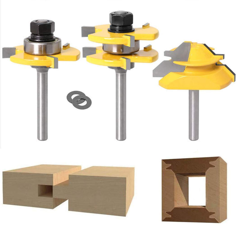 Lock Miter 45 Degree Joint Router Bits + 2Pcs Tongue and Groove Set [1/4-Inch Shank], APLUS 45° Lock Mitre Glue Joint Router Bit + Router Bit Set 3 Teeth T Shape, Wood Milling Cutter Woodworking Tool 1/4-Inch Shank