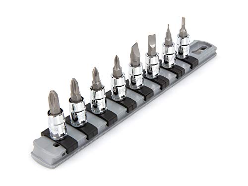 TEKTON 8-piece Phillips and slotted bit socket set with assorted drive sockets in a storage case