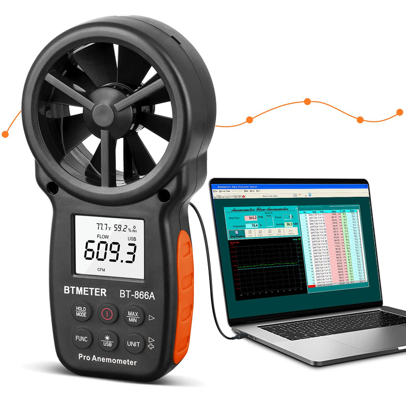 BTMETER BT-866A Pro Handheld HVAC Anemometer for CFM Air Flow, Wind Speed Meter Gauge Measures Wind Velocity Temp%RH Dew Point with USB Sync to PC BT-100WM Anemometer