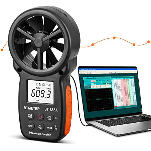 BTMETER BT-866A Pro Handheld HVAC Anemometer for CFM Airflow, Wind Speed Meter, Meter Measures Wind Speed, Temperature%RH Dew Point with USB Sync to PC