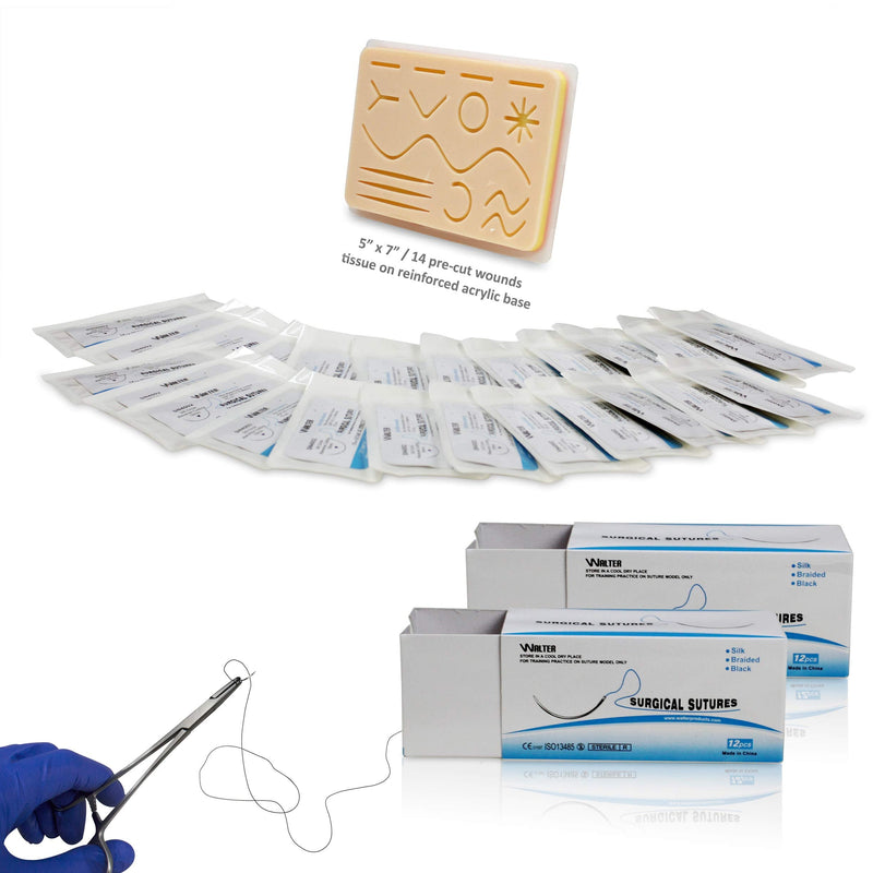 [Australia - AusPower] - Vision Scientific VSPN22 5” X 7” Suture Training Pad | 14 Pre-Cut Wounds with Acrylic Base | 24 Silk Thread 75cm with Stainless Needle | 3 Layers Human Tissue (Educational & Training Use Only) 