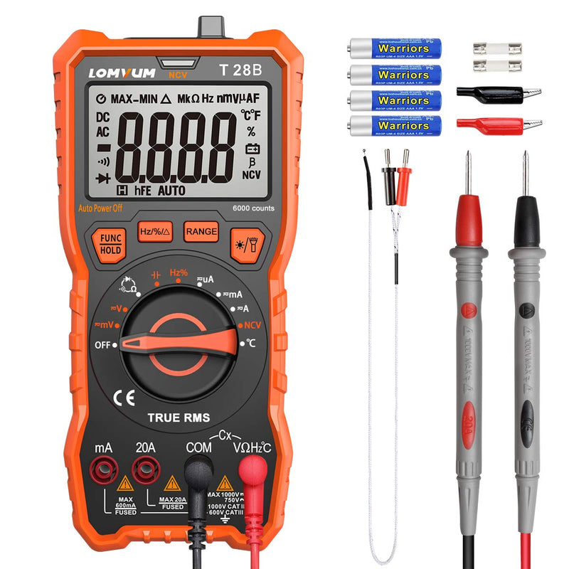 [Australia - AusPower] - LOMVUM Digital Multimeter, 6000 Counts Auto-Ranging Voltage Tester Meter with Ohm Volt Amp Capacitance Temperature Frequency Diode Backlit LCD and Flashlight 