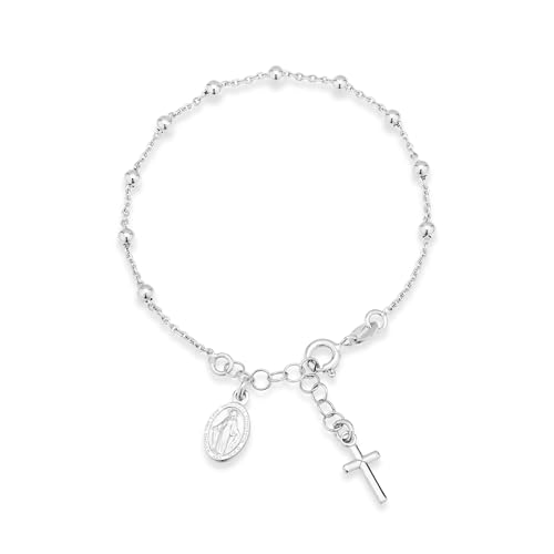 Miabella Italian 925 Sterling Silver Rosary Bead Chain Bracelet for Women Length 6 to 7 Inch