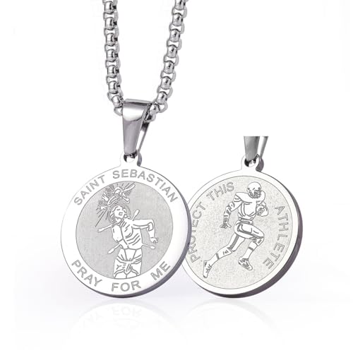 Wolentty Saint Sebastian Necklace - 1" Stainless Steel Patron Saint of Athletes Necklace for Baseball Football Basketball Soccer Wrestling Sports