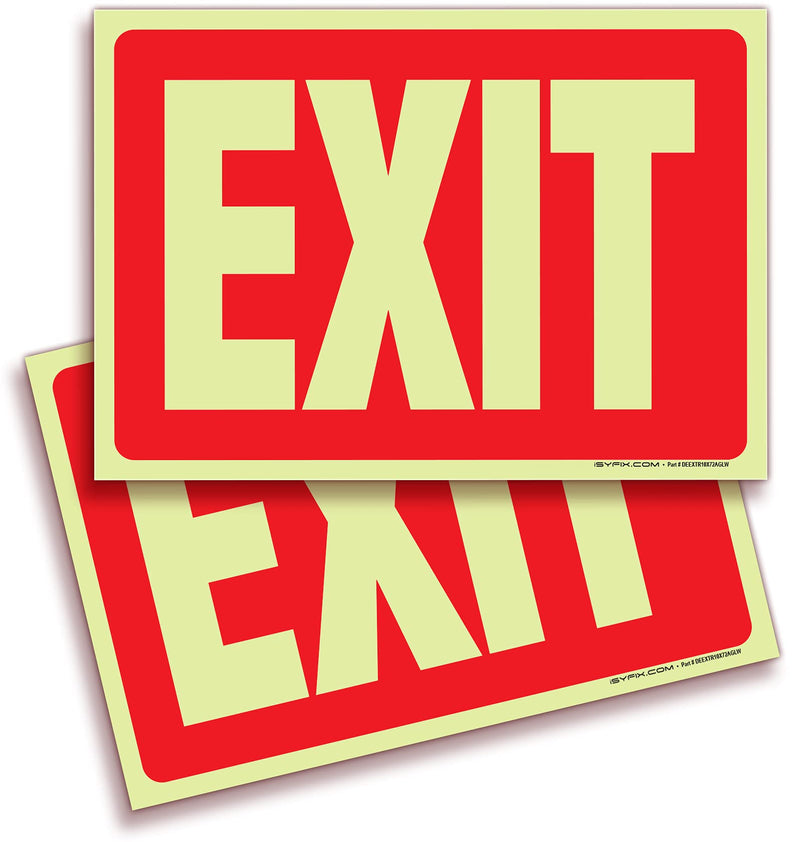 [Australia - AusPower] - iSYFIX Exit Glow in the Dark Sign Stickers Red – 2 Pack 10x7 Inch – Photoluminescent Vinyl, Laminated for UV, Weather & Fade Resistance, Indoor & Outdoor for Business, School, Office, Warehouse Photoluminescent Premium Quality Vinyl, UV Protected 