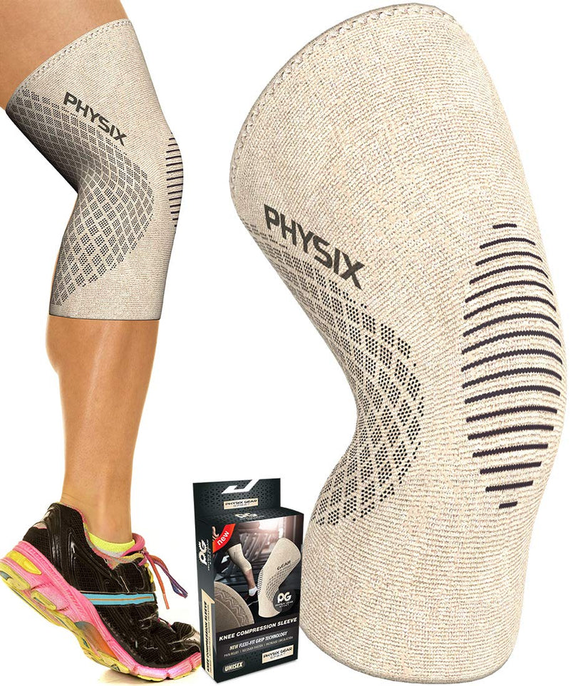 [Australia - AusPower] - Physix Gear Knee Compression Sleeve for Men & Women - Best Compression Knee Brace for Walking, Running, Gym, Basketball, Weightlifting,Workout, Sports - Knee sleeves Support Compression & Stability M Beige/Black 