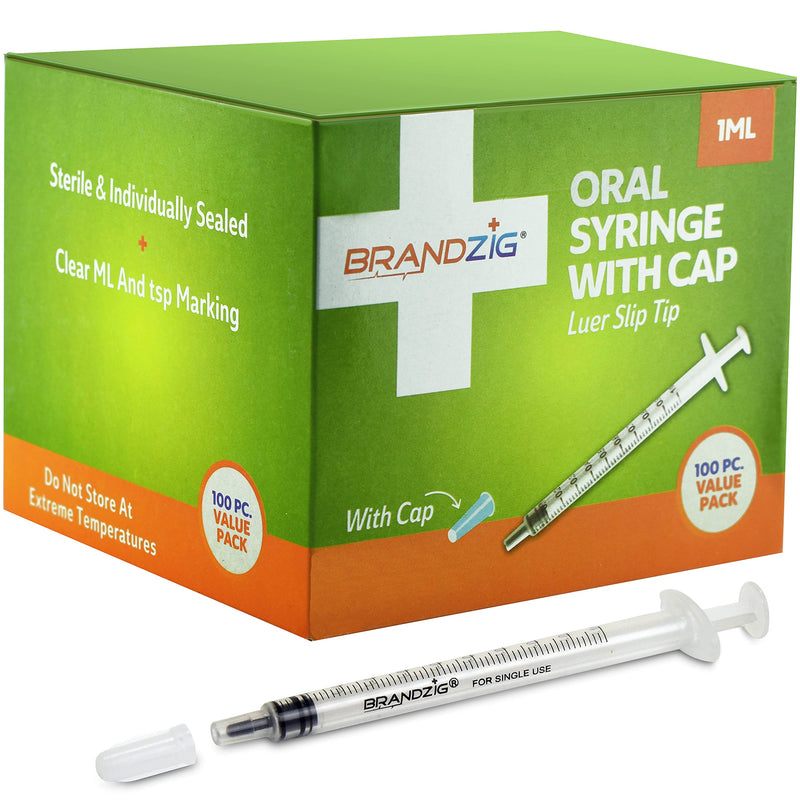 [Australia - AusPower] - 1ml Syringe with Cap (100 Pack) | Oral Dispenser Without Needle, Luer Slip Tip, | Individually Wrapped Medicine Dropper for Infants & Pets 