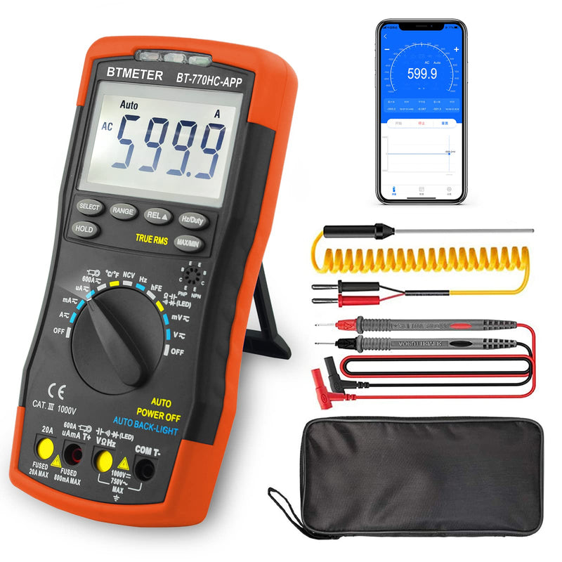 BTMETER Digital Multimeter, Handheld TRMS 6000 Multi Meter Auto Range Voltmeter Ammeter Measure AC DC Volt Amp Ohm Continuity Capacitance Frequency Diode hFE Transistor Temp 770HC-APP 6000 Counts Multimeter Logger 770HCAPP