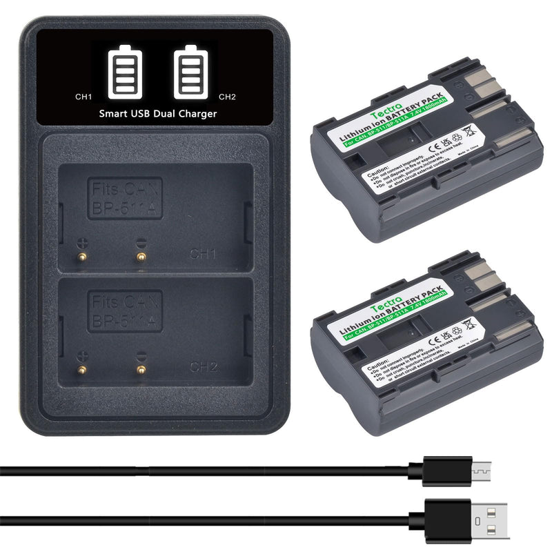 [Australia - AusPower] - 2-Pack BP-511 BP-511A Battery and LED Dual Battery Charger for Canon EOS 5D 10D 20D 20Da 30D 40D 50D 300D D30 D60 Rebel PowerShot G1 G2 G3 G5 G6 Pro 1 Pro 90 Pro 90IS 