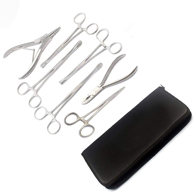 [Australia - AusPower] - 7 Body Piercing Instruments Tools: Pennington Forceps, Bead Tweezers, Sponge Forceps, Ring Pliers - Stainless Steel, Silver, Compact 