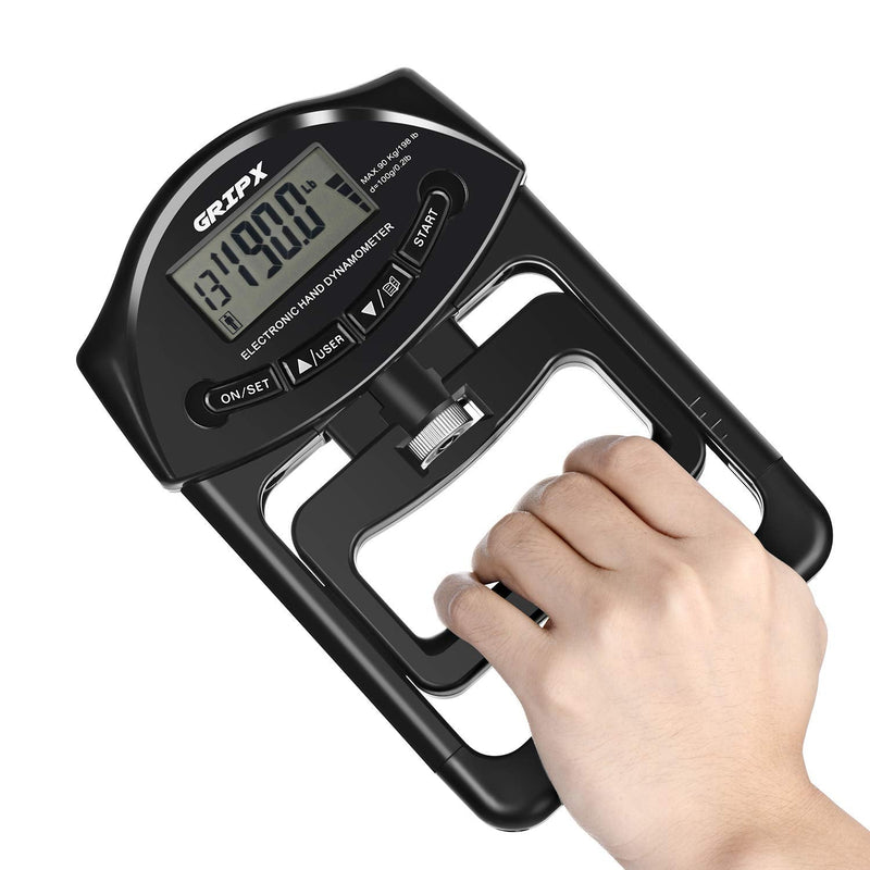 [Australia - AusPower] - GRIPX Digital Hand Dynamometer Grip Strength Measurement Meter Auto Capturing Electronic Hand Grip Power 198Lbs / 90Kgs Black 
