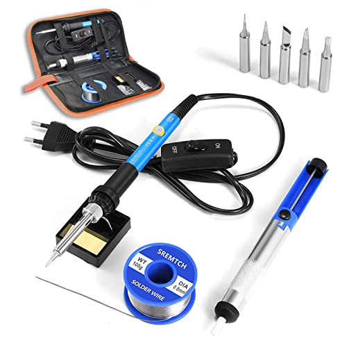 Soldering Iron, 60 W/220 V Soldering Iron Set with Adjustable Temperature Knob 200-450 °C and On/Off Switch, 100 g Solder, 5 Soldering Tips, Desoldering Pump, Soldering Stand with Sponge, PU Bag for Repairs Blue