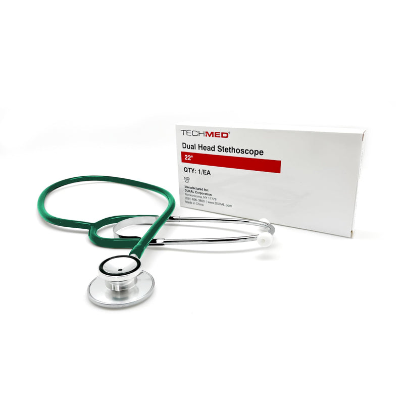 DUKAL Tech-Med Dual Head Stethoscope, 22" Tubing (Green), Lightweight Dual Head Stethoscope for Nurses, Doctors, Paramedics, and Students Green