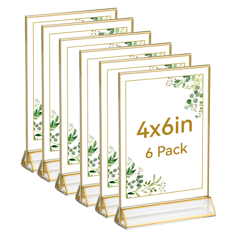 [Australia - AusPower] - UNIQOOO Acrylic Sign Holders with Golden Border, Portrait View, Pack of 6 | 4x6 Inches Double Sided Clear Frame, Perfect for Wedding reception, Centerpiece, Decoration, Party,Anniversary, Event 4x6?6 Pack 