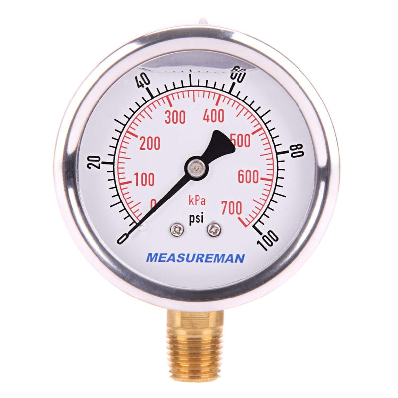 [Australia - AusPower] - MEASUREMAN 2-1/2" Dial Size, Glycerin Filled Pressure Gauge, 0-100psi/kpa, 304 Stainless Steel Case, 1/4"NPT Lower Mount 
