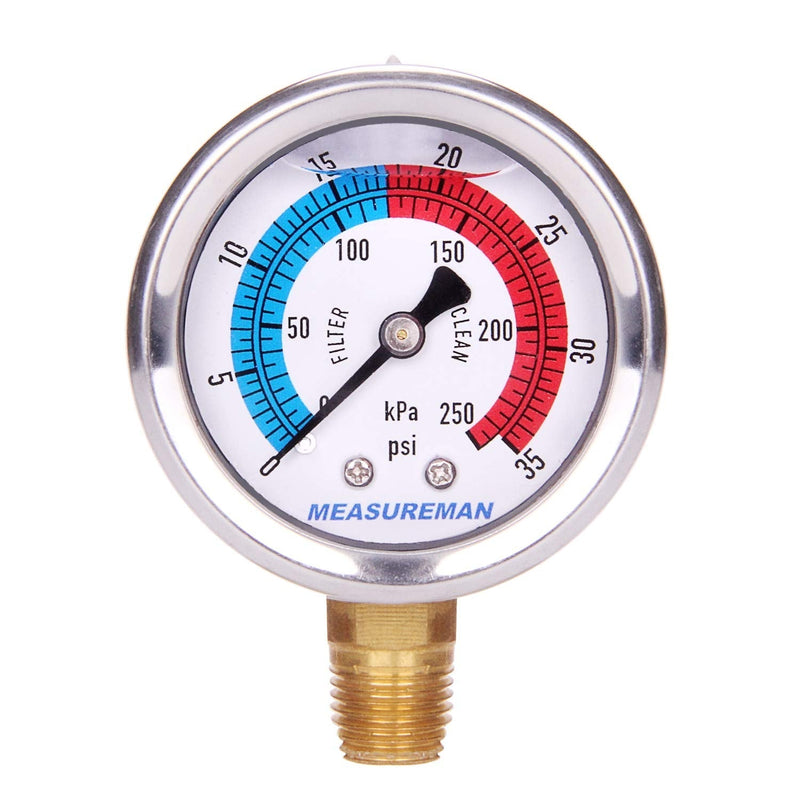 [Australia - AusPower] - MEASUREMAN 2" Dial Size, Glycerin Filled Pool Filter Pressure Gauge, 304 Stainless Steel Case, 0-35psi/250kpa, 1/4" NPT Lower Mount 0-35psi/250kpa(1/4" NPT Lower Mount) 