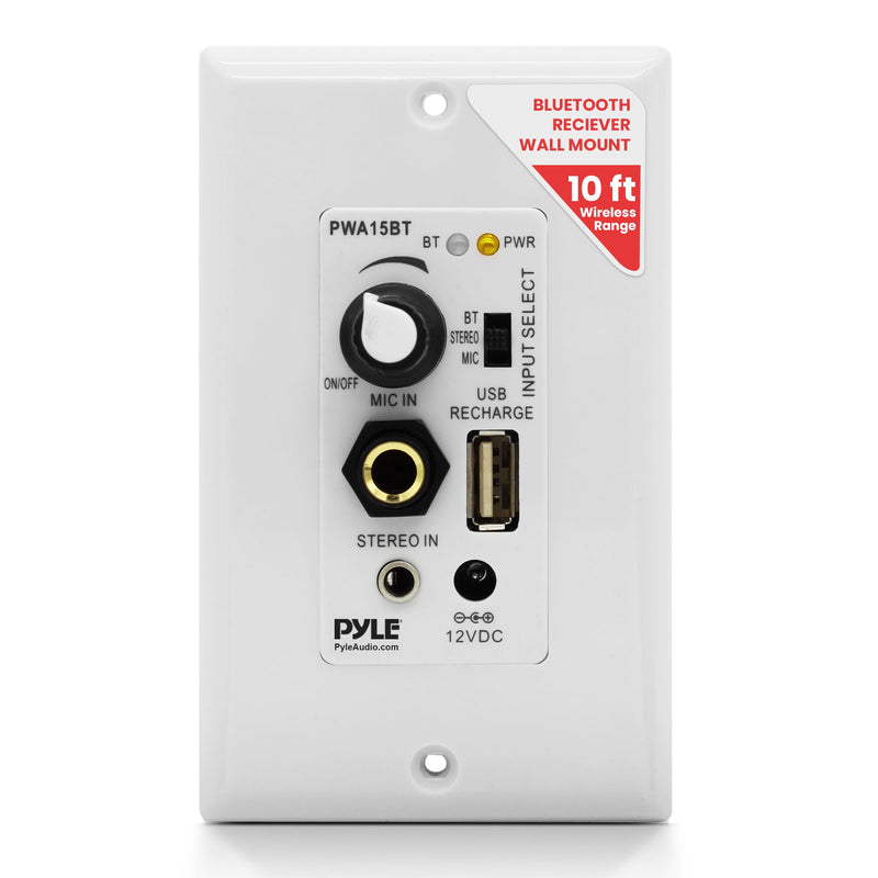 [Australia - AusPower] - Pyle Bluetooth Receiver Wall Mount, in-Wall Audio Control with Built-in Amplifier | USB, Microphone, Aux (3.5mm) Input | Terminal Block | Connect 2 Speakers - 100 Watt (PWA15BT.5) 