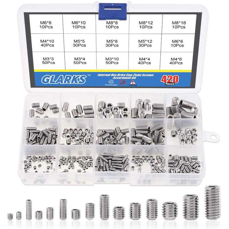 [Australia - AusPower] - Glarks 420Pcs M3/M4/M5/M6/M8 Allen Head Socket Set Screw, 304 Stainless Steel Internal Hex Drive Grub Screw Assortment Kit 