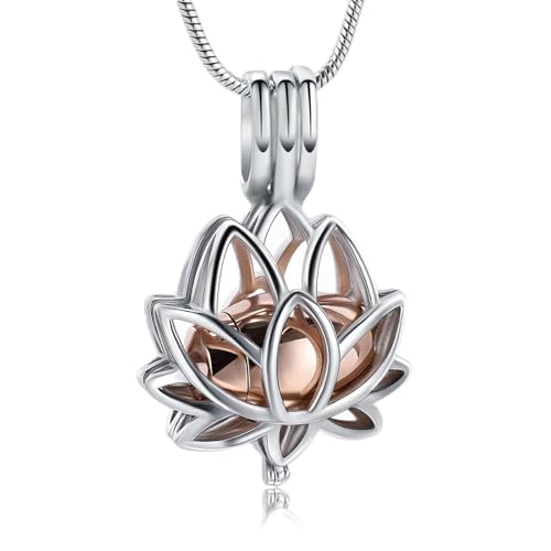 Cremation Jewelry for Ashes Pendant - Lotus Urn Necklace with Mini Keepsake Urn Memorial Ash Jewelry For Women Men Silver-Rose Gold