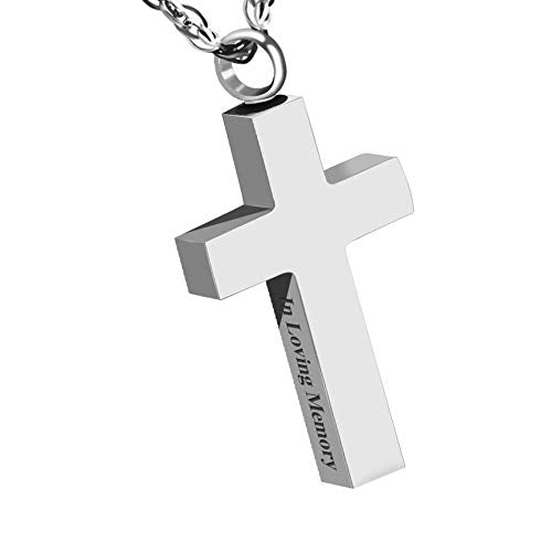 Cremation Cross Necklace for Ashes Stainless Steel Cross Urn Necklace Ashes Holder Memorial Jewelry-In Loving Memory Silver Non-customize