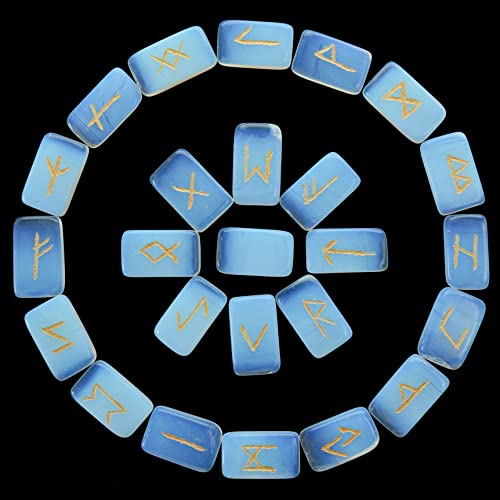 ZAICUS Opalite Rune Stones Set with Engraved Elder Futhark Runic Alphabet Pagan Lettering Viking Runes for Divination Norse Witchcraft Healing Crystal Reiki Gemstones Irregular Shaped 25 Pcs #20 Opalite Rune