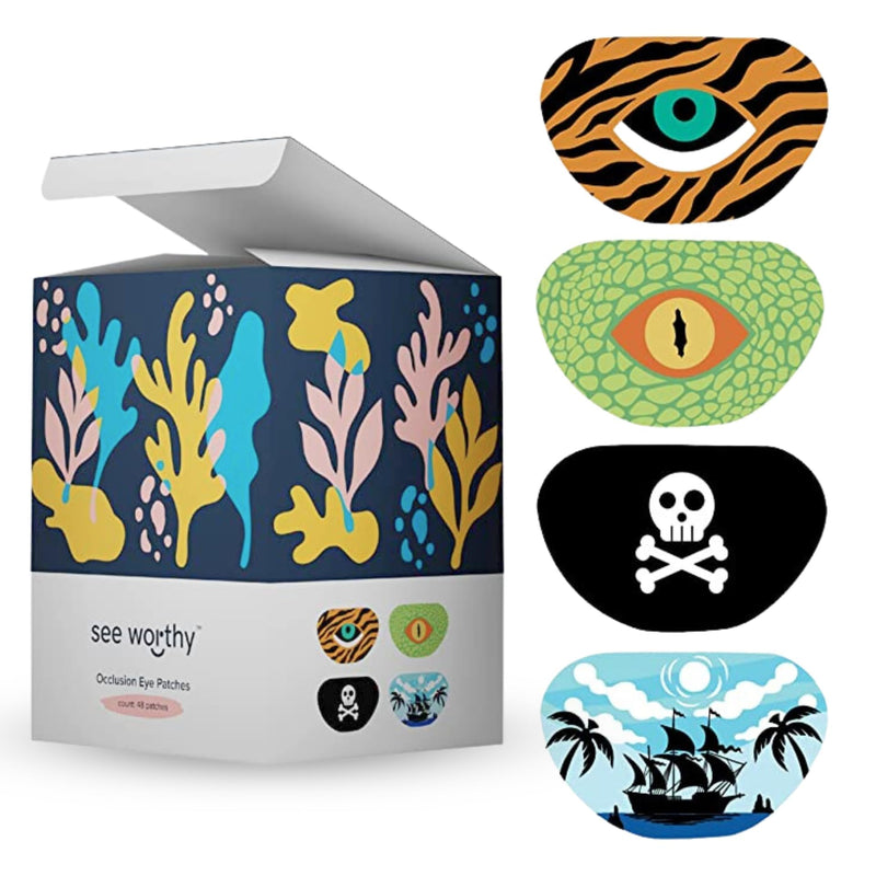 [Australia - AusPower] - See Worthy Adventure Eye Patches - Innovative, Smart Adhesive Technology - Breathable & Comfortable Eyepatch for Lazy Eye - Soft Patches, Concave Shape & Fun Designs (48 per Box) Packaging May Vary 