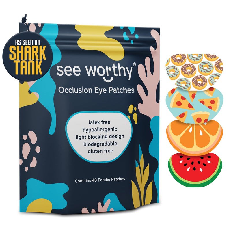 [Australia - AusPower] - See Worthy Foodie Eye Patches - Innovative, Smart Adhesive Technology - Breathable & Comfortable Eyepatch for Lazy Eye - Soft Eye Patches, Concave Shape & Fun Designs (48 per Box) Packaging May Vary O 