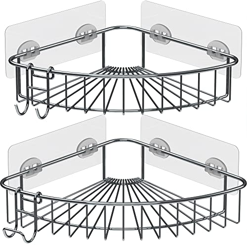 Shower Shelf for Inside Shower, Shower Shelf Corner, Shower Corner Caddy, Adhesive Shower Caddy, Shower Wall Caddy, Stainless Steel Shower Caddy Suction No Drill 2 Pack Silver Corner Shower Caddy