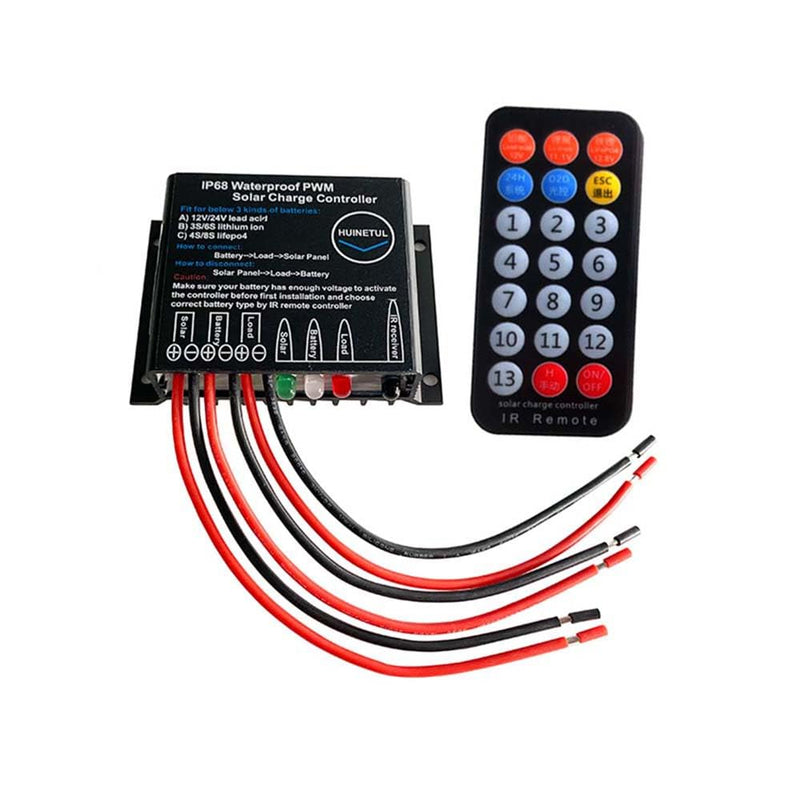 10A IP68 Waterproof Solar Charge Controller 12V 24V PWM Solar Panel Battery Charge Controller with IR Remote Control for Lithium Ion Lifepo4 Lead Acid Battery 24hrs Dust to Dawn Timer 10A controller with remote
