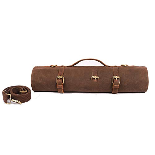 Large Chef’s Knife Roll Bag,Heavy Duty Waxed Canvas Knife Carrier,11 Pockets Kitchen Cooking Tools Storage Case, Easily Carried By Shoulder Strap ForProfessional Chefs,Culinary School Students Brown