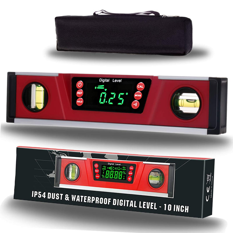 [Australia - AusPower] - 10-Inch Digital Torpedo Level and Protractor | Neodymium Magnets | Bright LED Display | V-GROOVE MAGNETIC BASE | IP54 Dust/Water Resistant smart level with Carrying Bag Red 