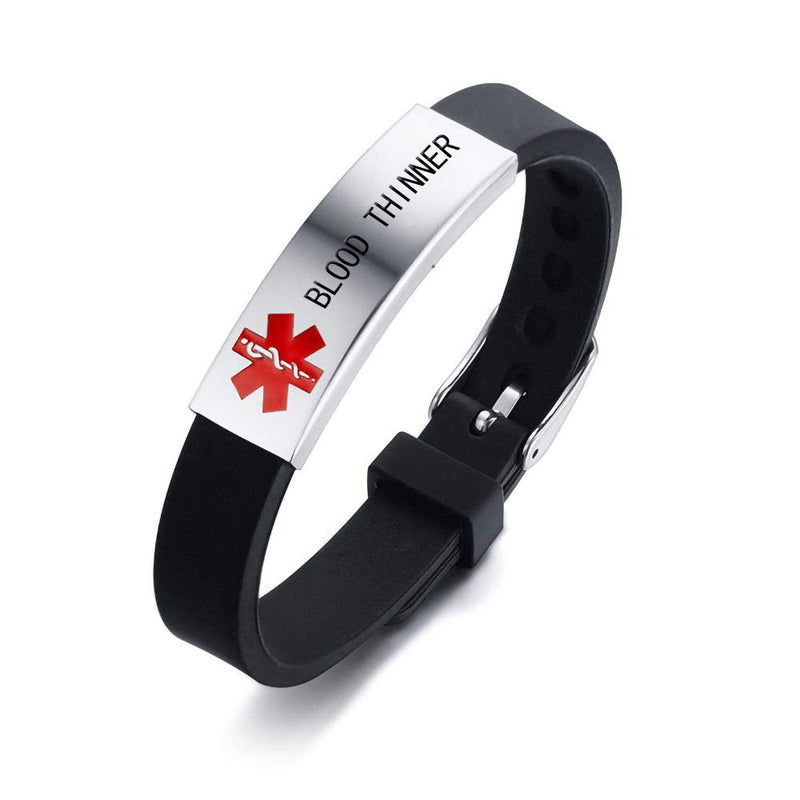 [Australia - AusPower] - Medical Alert ID Bracelet Laser Engraved BLOOD THINNER Adjustable Wristband for Women Emergency First Aid Black Band engraved BLOOD THINNER 