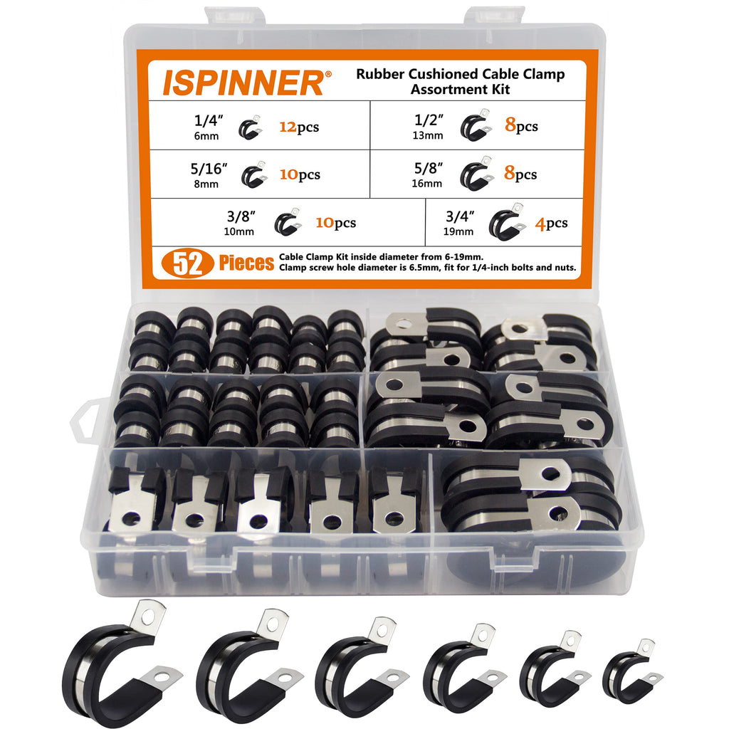 ISPINNER 52pcs Cable Clamps Assortment Kit, 304 Stainless Steel Rubber Cushion Pipe Clamps in 6 Sizes 1/4" 5/16" 3/8" 1/2" 5/8" 3/4" Black