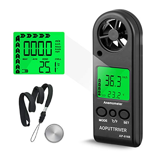 Wind Gauge Hand Digital LCD Wind Speed Meter Guages Air Flow Speed with Backlight Measurement Thermometer for Windsurfing Sailing Fishing etc UK-AP-816B Digital