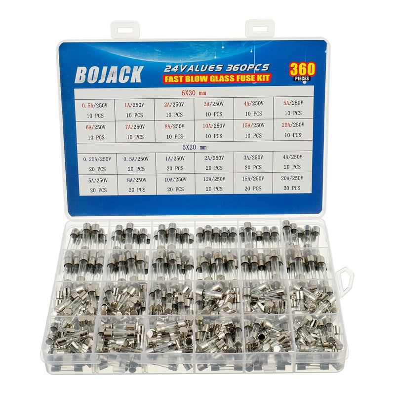 [Australia - AusPower] - BOJACK 24 Values 360 pcs Fast-Blow Glass Fuses Assortment Kit 5x20mm 250V 0.25 0.5 1 2 3 4 5 8 10 12 15 20A 6x30mm 250V 0.5 1 2 3 4 5 6 7 8 10 15 20A amp packag in a Clear Plastic Box 